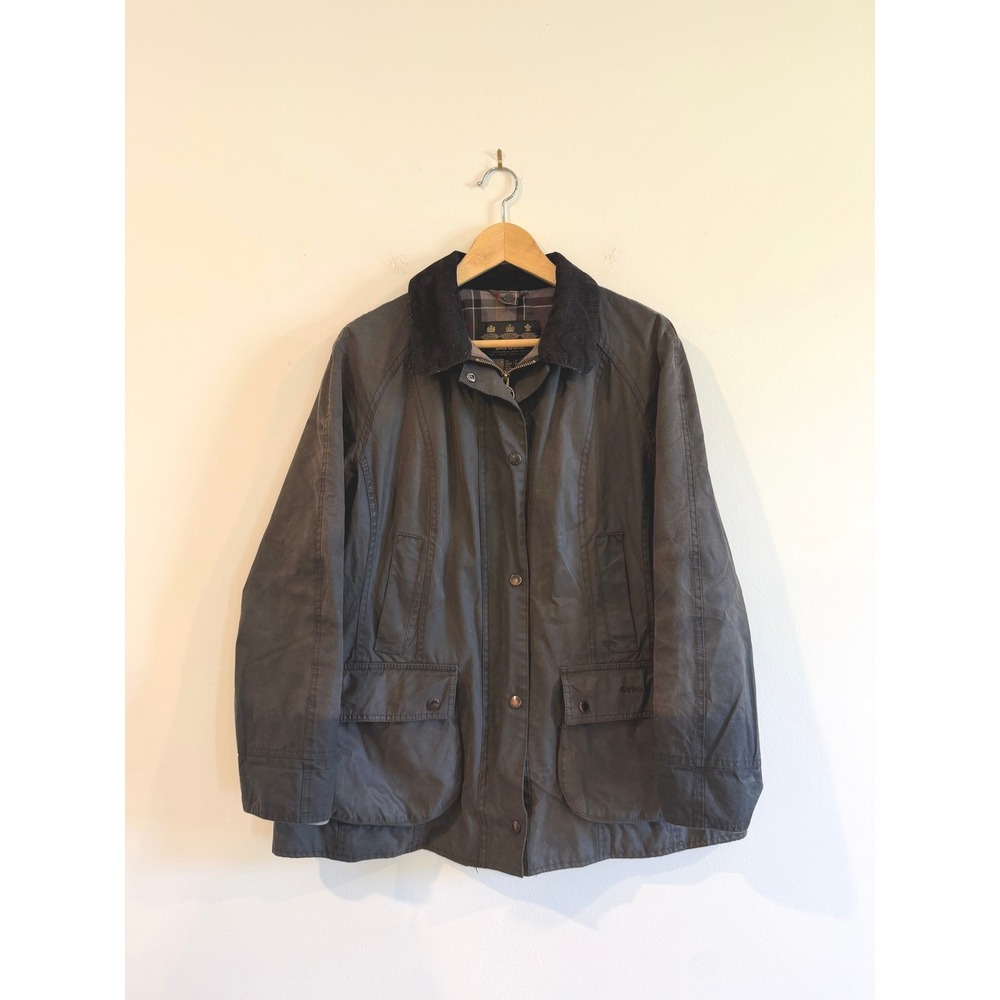 Barbour Beadnell Waxed Cotton Jacket Olive Green Tartan Lining Womens 12 UK 16